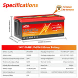 24V 200Ah LiFePO4 Lithium Battery 10000+ Deep Cycle Battery Built-in 200A BMS 5120W Rechargeable Lithium Batteries for Off-Grid