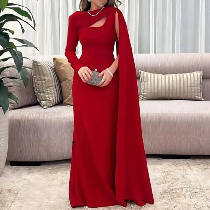 Sexy Asymmetric Hollow Out Party Dress Women New Ribbon Long Sleeve Evening Dress Elegant Long Sleeve Full Length Gala Dress