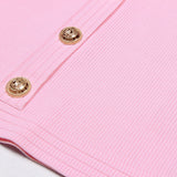 2025 Spring/Summer New Fashion Knitted Elastic Short Sleeve Solid Color Gold Button Slimming Style Commuter Women's Dress