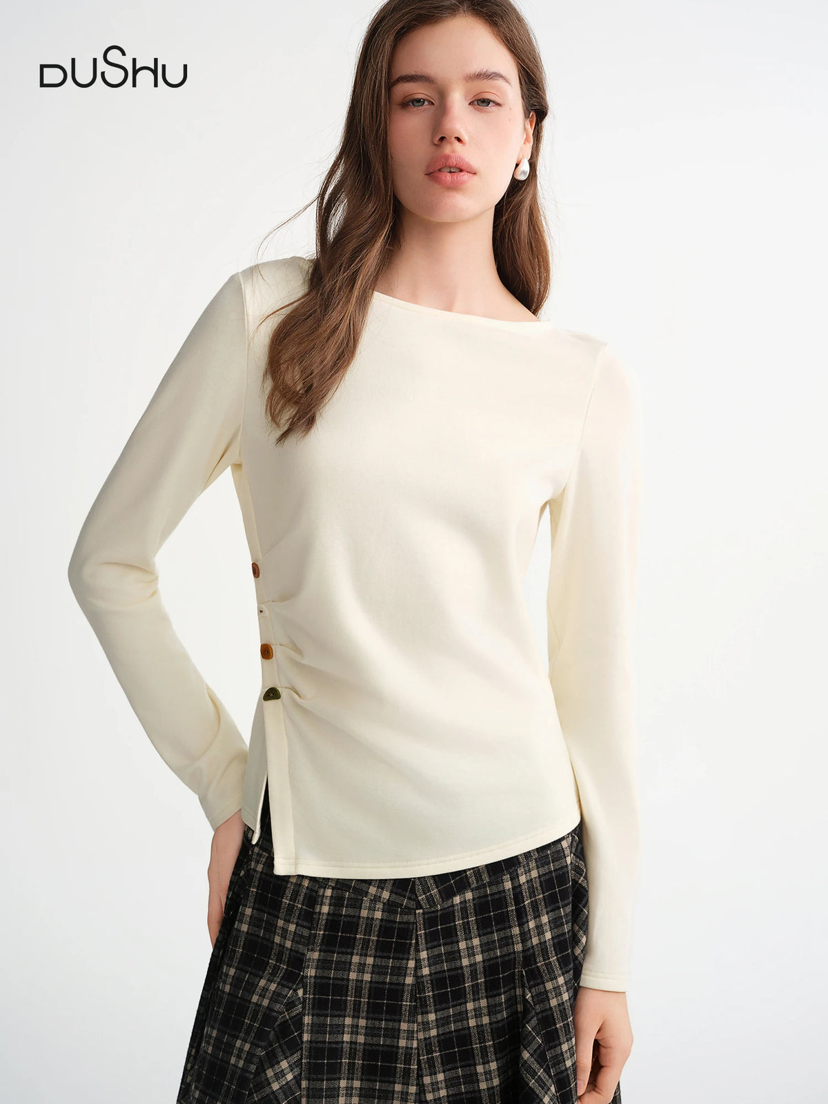 DUSHU 2025 Women's Velvet Fleece Side Slit T-Shirt - Thermal Brush Irregular Hem Slim Fit Long Sleeve Top for Casual Comfort