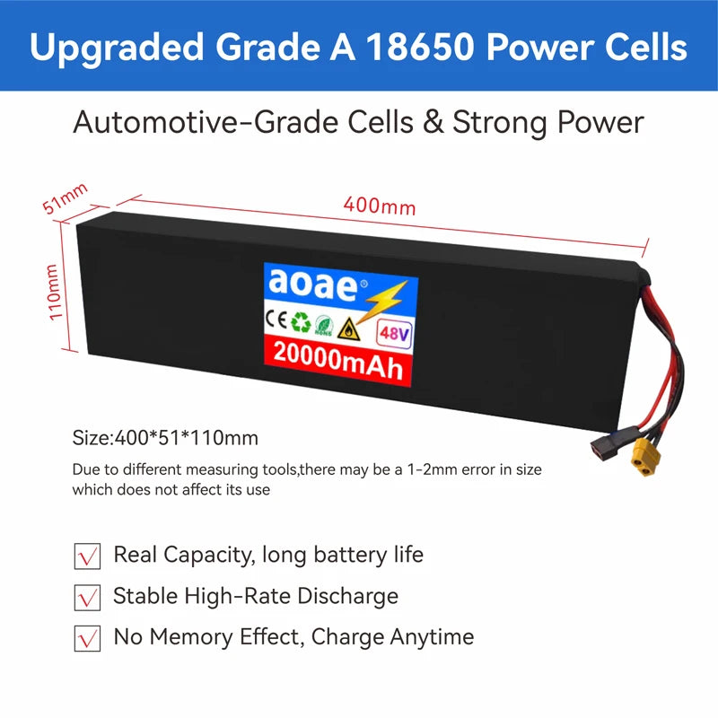 48V Electric Scooter Battery 20Ah 18650 Grade-A Cells 13S4P Built-in BMS T-XT60 for Kugoo M4 M4Pro Max Speed Series