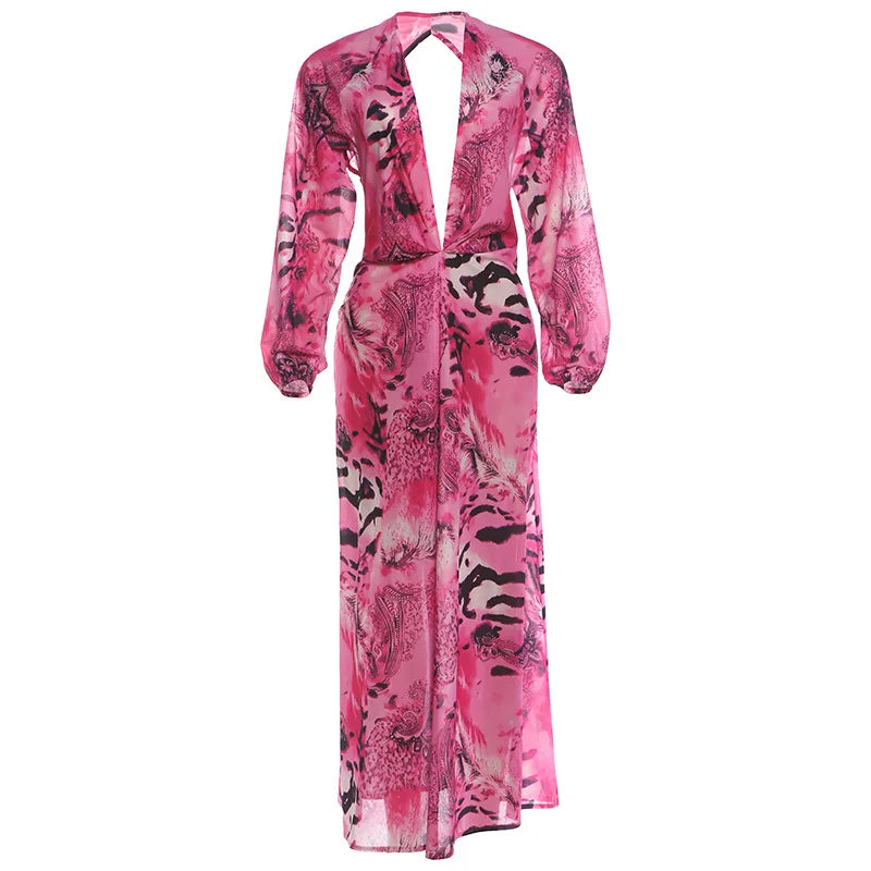 Woman Tiger Stripe Print Deep V-neck Dress Sexy Backless Long Sleeve Dresses 2026 Summer Vacation Beach Party Elegant Vestidos
