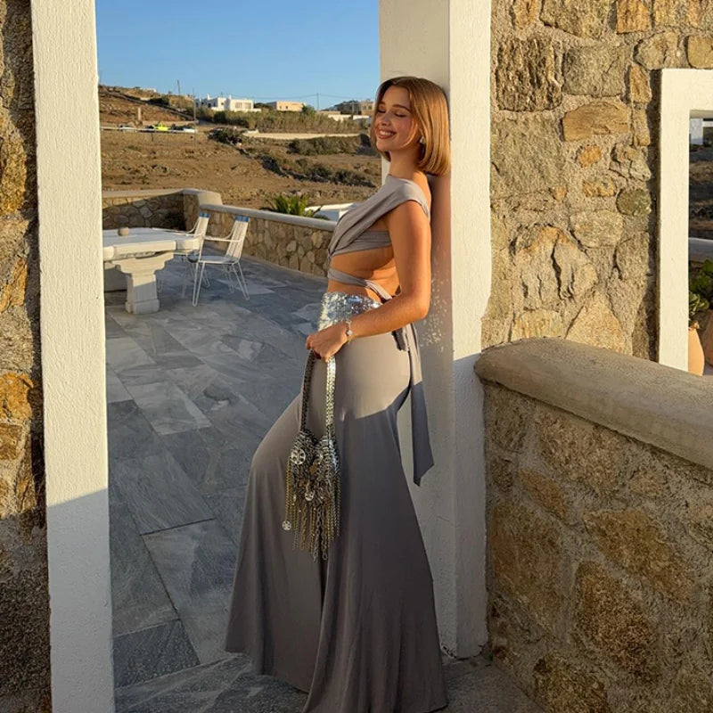 Stylish Sexy Backless Long Skirt Set Women Chic Shiny Sleeveless O-neck Top Skirts Suit Summer NEW Lady Vocation Party Outfits