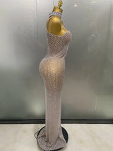 2025 Luxurious Full Rhinestones Mesh Transparent Long Dress Women Birthday Celebrate Evening Prom Dress Party Club Stage Costume