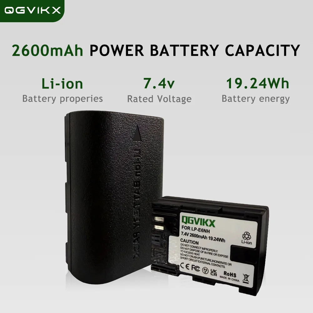 QGVIKX LP E6NH Compatible with Canon EOS R7 7.4V 2600mAh POWER BATTERY CAPACITY 19.24Wh 2-Pack Battery and Triple Slot Charger