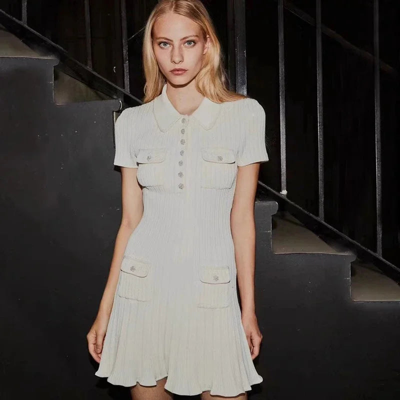 2025 Spring/Summer New Polo Neck Short Sleeve Knitted Dress Y2K Fashion Commuter Elastic Slim Fit Multi Pocket Wrapped Hip Skirt