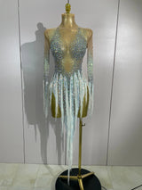 Sexy Mesh See Through Sparkly Rhinestone Tassel Long Sleeves Mini Dress 2026 Women Latin Dance Nightclub Party Club Stage Wear