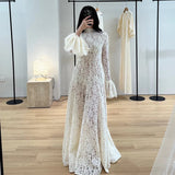 Elegant French Lace Maxi Dress Modest Vintage Trendy Women's Dresses Evening Party Wedding Guest Formal Street Soft Wear