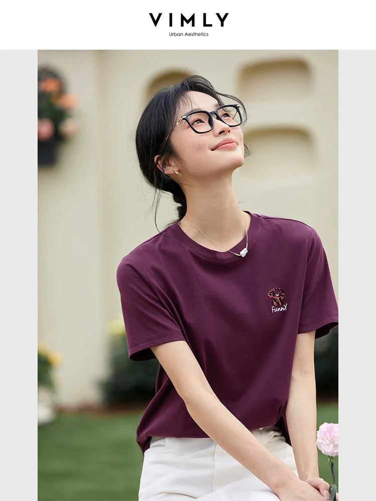 VIMLY Women's White Short Sleeve T-shirt 2026 Simple T Shirt Summer Tops for Woman Sequined Embroidered Tee Shirts A1516