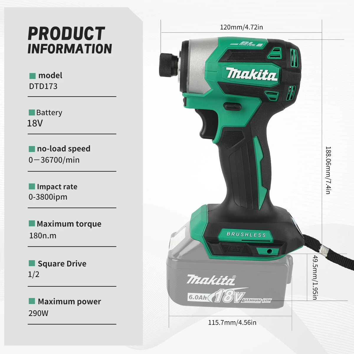 Makita DTD173 Brushless Impact Driver | 180Nm Max Torque with T-Mode for Wood, Bolts & Metalworking（no Battery）