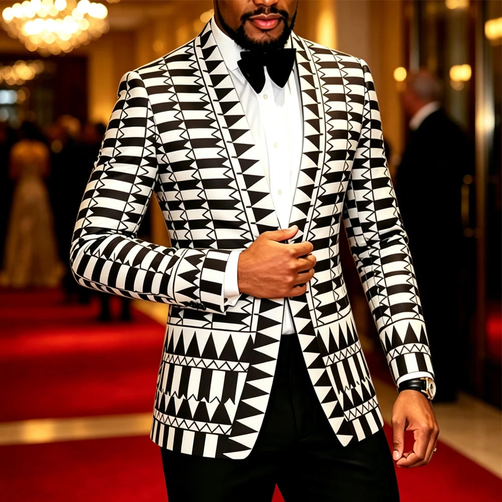 Men Black White Geometric Print Blazer Shawl Lapel Slim Fit Jacket Formal Wedding Groom Tuxedo For Party Prom