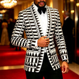 Men Black White Geometric Print Blazer Shawl Lapel Slim Fit Jacket Formal Wedding Groom Tuxedo For Party Prom