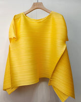 LANMREM Premium Pink Pleated Asymmetrical Women's T-shirt Batwing Sleeve Round Neck Loose Fit Daily Commute Pullover Top 2DB7499
