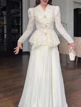 Elegant High Waist Ruffles Banquet Dress Fashion Long Sleeve Women's Party Dresses Sexy White Lace Embroidery Slim Evening Dress