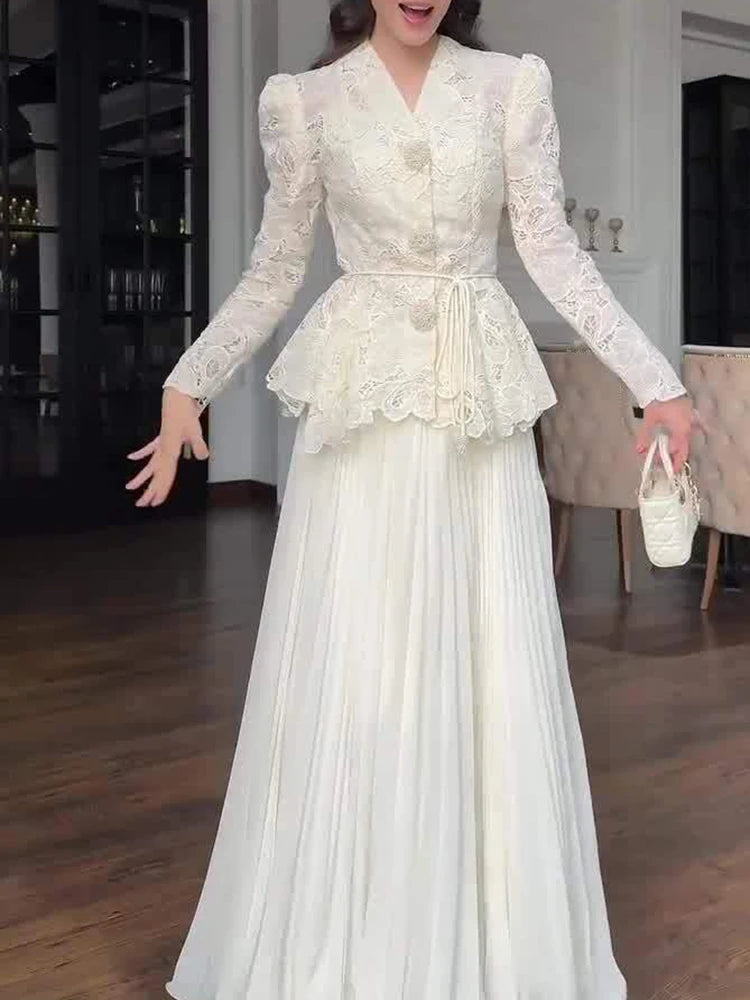 Elegant High Waist Ruffles Banquet Dress Fashion Long Sleeve Women's Party Dresses Sexy White Lace Embroidery Slim Evening Dress
