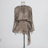 GALCAUR Solid Loose Splicd Lace Up Dresses For Women V Neck Long Sleeves Patchwork Ruffles Tunic Dreses Female Fashio New