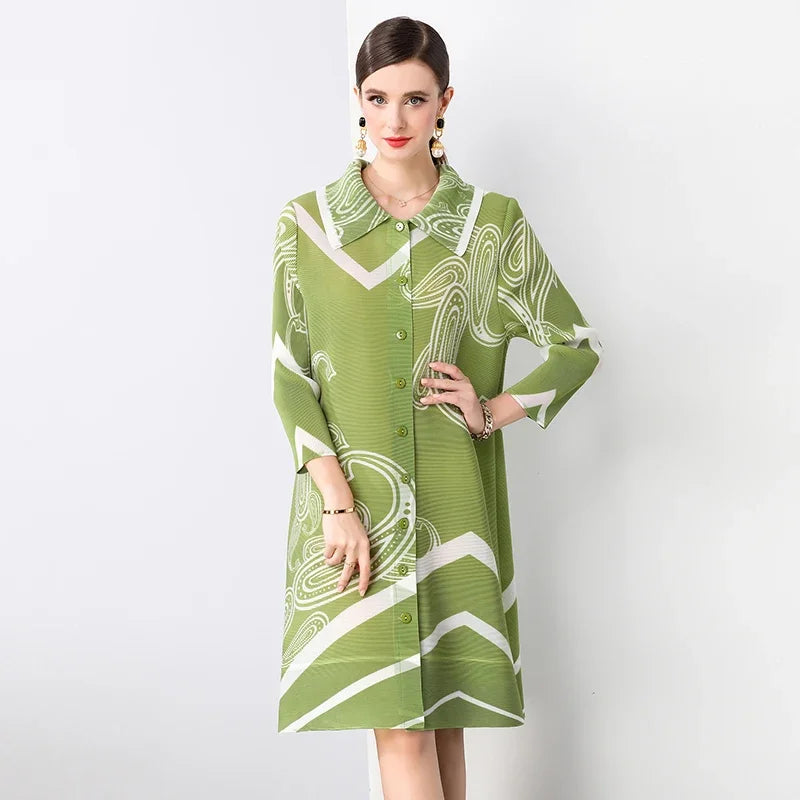 Miyake Pleated Dress Summer Fashion Loose Fit Long Sleeve Elegant Mid-Length Ideal for Covering Up and Relaxing Wear 2024