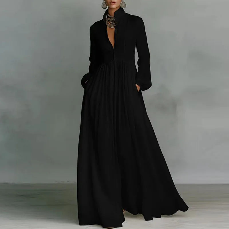 Spring Elegant Pocket Maxi Shirt Dress Women Long Sleeve Button-Down Flowy A-Line Dress Summer Beach Vacation Boho Party Dresses