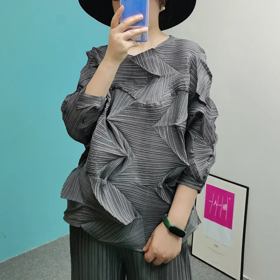 Many Color Casual Pleated T-shirt Women Irregular Design Loose Solid Color Pullover Tops Versatile 2025 New AL8161
