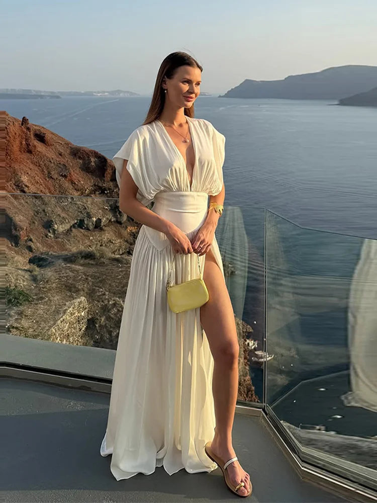 White Dresses Woman V-Neck Waist Cinching Slit Sleeveless Pleated Vacation Maxi Robes Elegant Fashion Women's New Long Dress