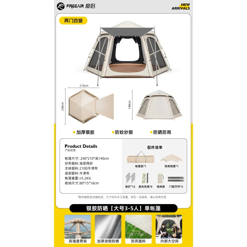 5-8 Persons Automatic Pop Up Camping Tent with Foldable Titanium Silver Cross Hexagonal UV Protection Panoramic Integrated Canop