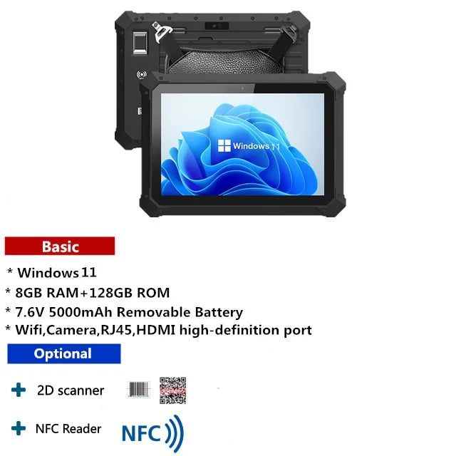 Industrial Tablet Windows 11 Wifi Bluetooth RJ45 HDMI 2D Scanner 5000mAh Large Battery Optional UHF Fingerprint Rugged Tablet