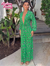 Women Vintage Green Print Dress Loose V-neck Waist-cinching Long Sleeve Print Maxi Dresses Tropicsal Summer Outing Gown 2026 New