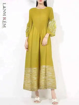 LANMREM Women's High-end Fashion Dress With Flower Ruffles Sleeves Round Neck Loose Big Size Long Dresses 2025 New 2DB1142