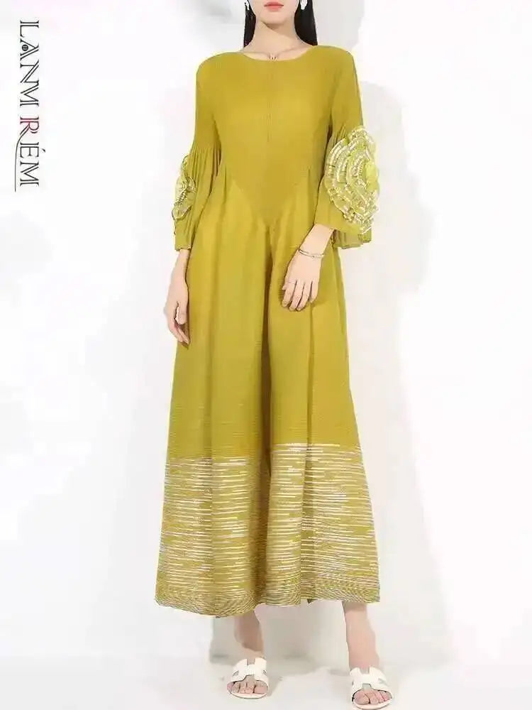 LANMREM Women's High-end Fashion Dress With Flower Ruffles Sleeves Round Neck Loose Big Size Long Dresses 2025 New 2DB1142