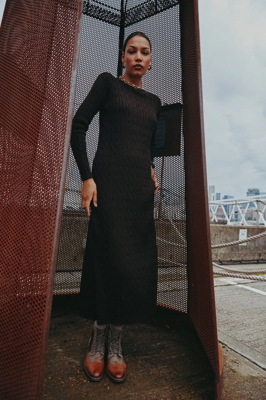 AS AW2025 cable knitting maxi dress soft Sweater round neck woman clothes with buttons