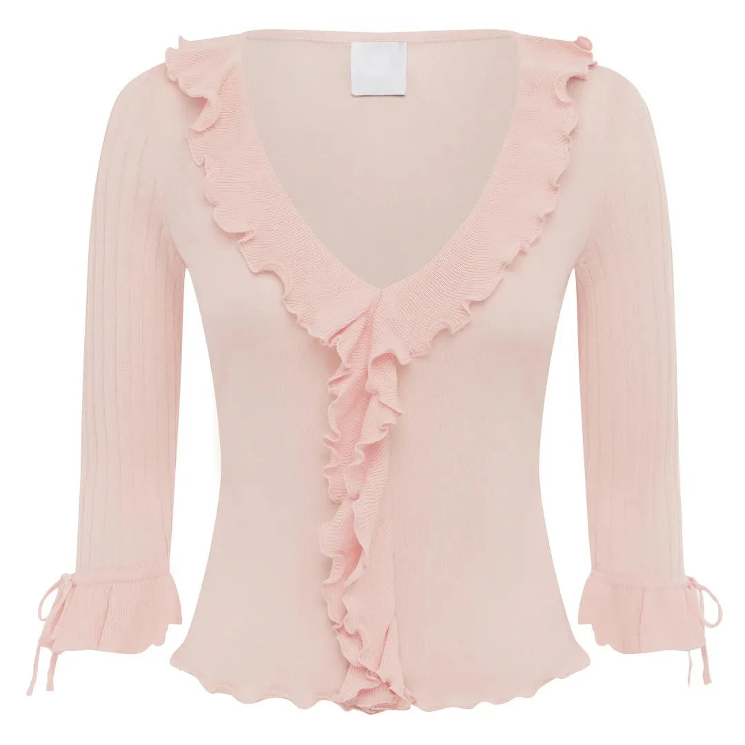 Wj Light Pink Ruffled Three-Quarter Sleeve Knit Top V-Neck Ruched Lace Top Waist-Cinching Slimming Knit T-Shirt