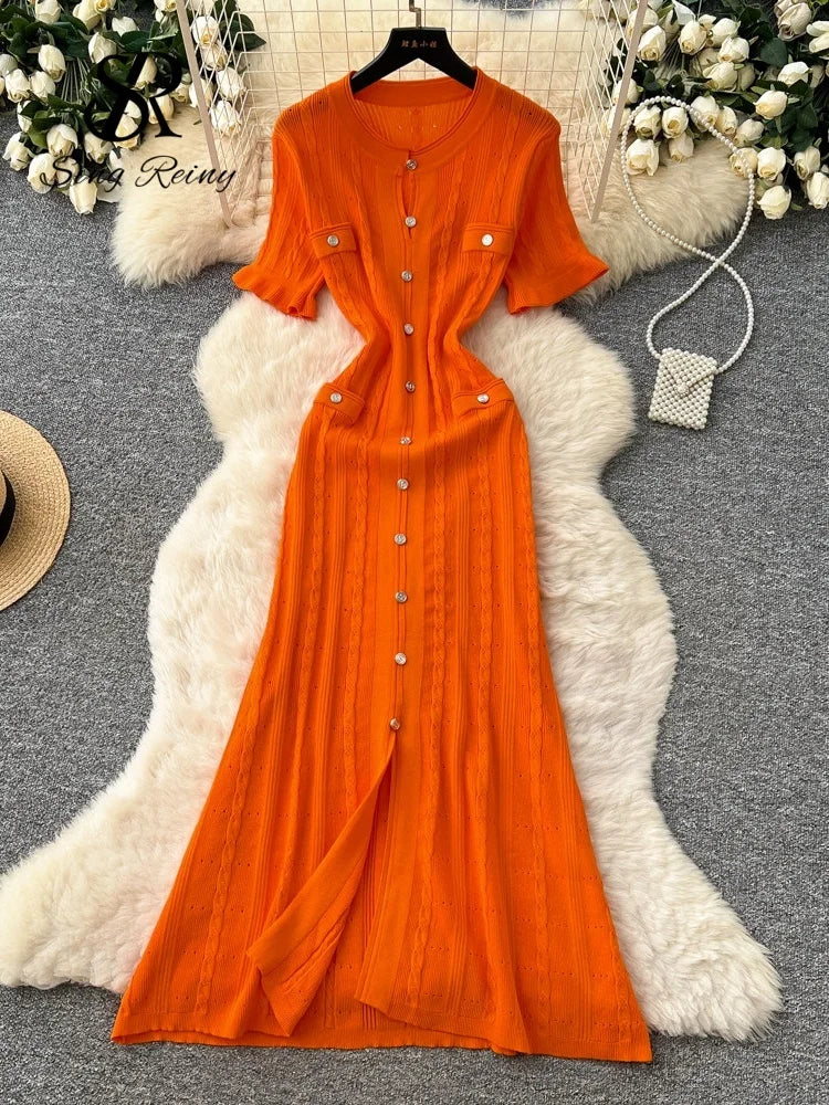 SINGREINY Summer Striped Knitted Long Dress Fashion Office Lady Split Beach Sundress High Quality Luxury Wedding Guest Dress