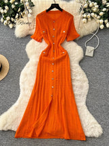 SINGREINY Summer Striped Knitted Long Dress Fashion Office Lady Split Beach Sundress High Quality Luxury Wedding Guest Dress