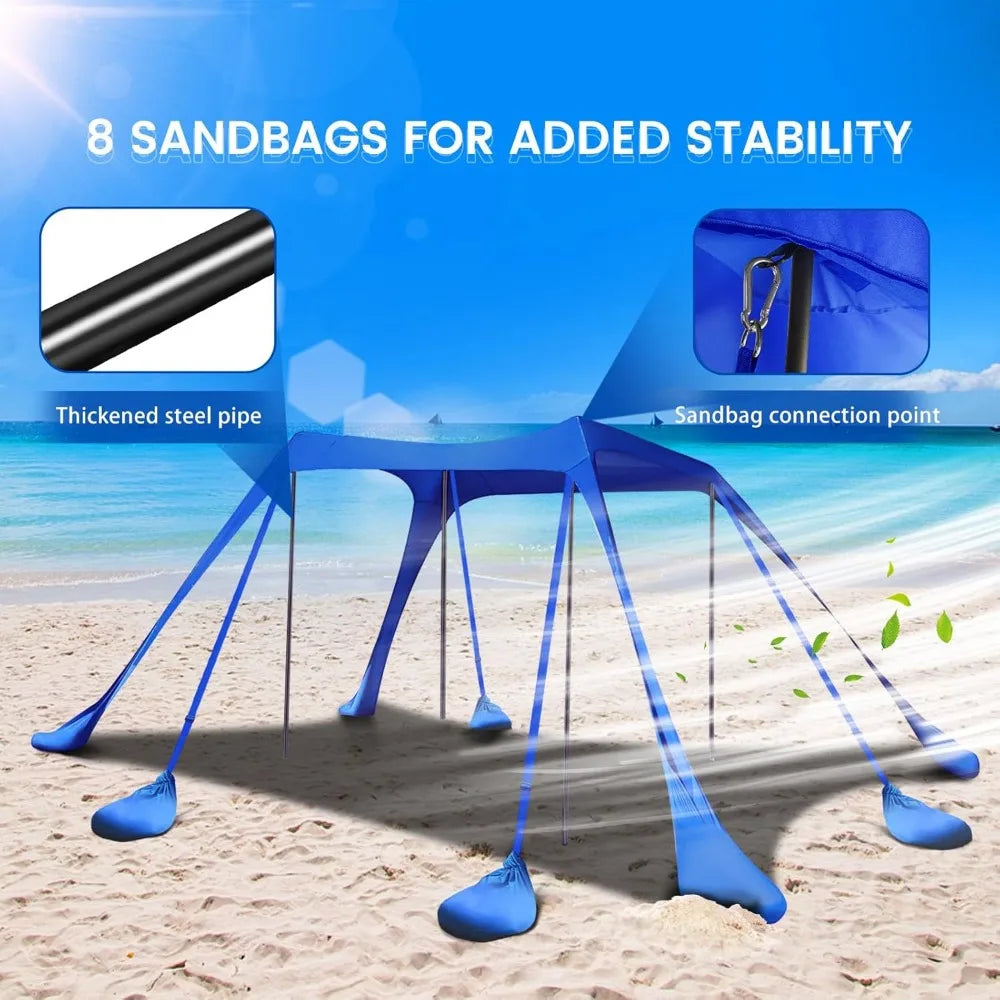 10x10FT Beach Tent Sun Shelter with UPF 50+, 8 Sandbags, Portable Canopy for Camping Fishing