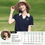 I BELIEVE YOU Blue Contrasting Polo Collar Breathable T-shirt Top Summer 2025 V-neck White Swan Embroidery Casual Tee 2252015970