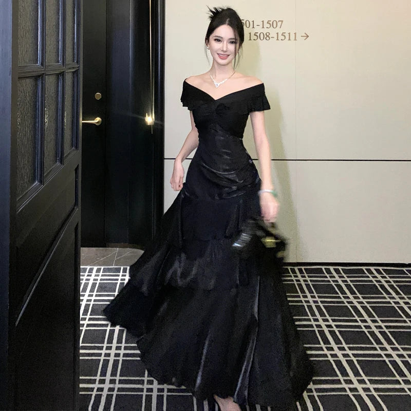 Elegant Evening Party Ruffles Mermaid Dresses Women Summer V Neck Short Sleeve Slim Black Dress Holiday Beach Birthday Dress