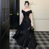 Elegant Evening Party Ruffles Mermaid Dresses Women Summer V Neck Short Sleeve Slim Black Dress Holiday Beach Birthday Dress