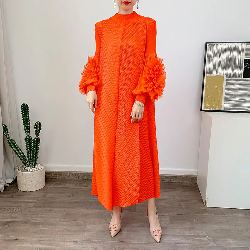 YUDX Luxury Purple Miyake Pleated High Neck Maxi Evening Dress, Ruffle Sleeve Women's Wedding Guest Ramadan Party Dress 2026 New