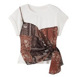 ELFSACK Women's Bandana Patchwork T-Shirt, Fake Two-Piece Paisley Print Knot Front Top, Casual Slim Fit Y2K Style Tee
