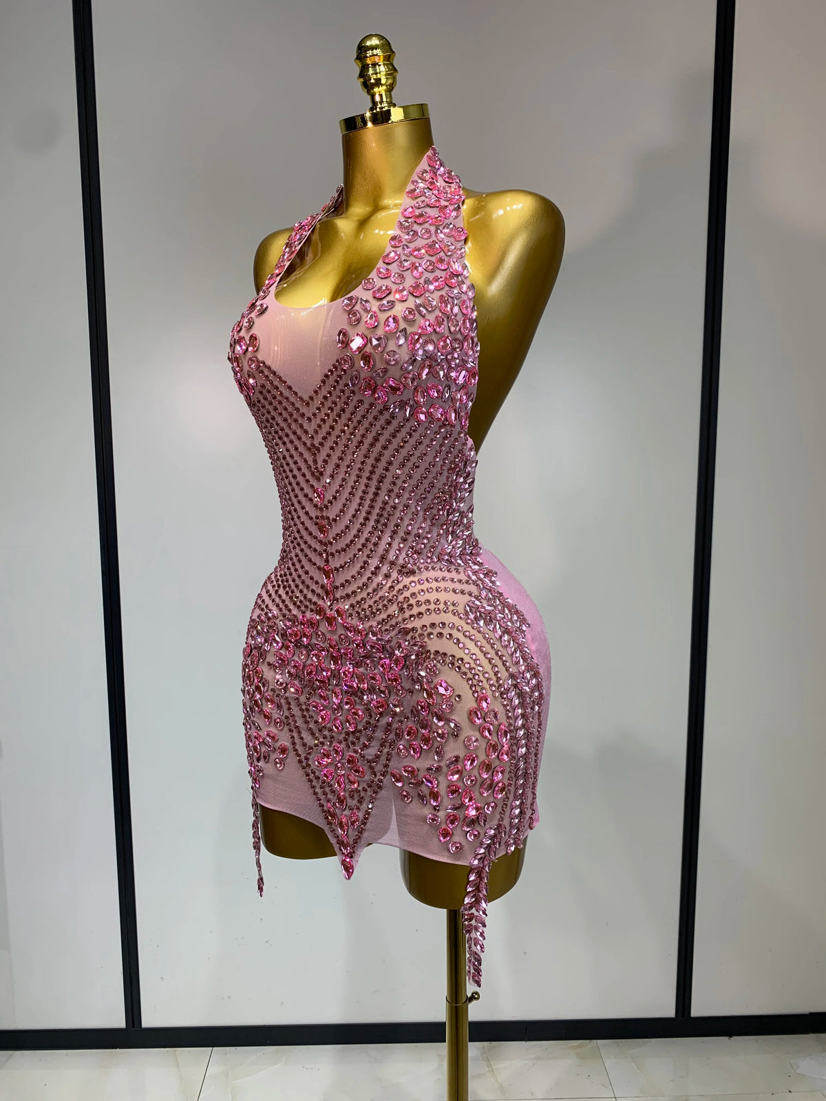 Women Sexy Halter Crystal Bodycon Mini Dress Celebrate Nightclub Performance Stage Outfit Luxury Birthday Photo Shoot Dress