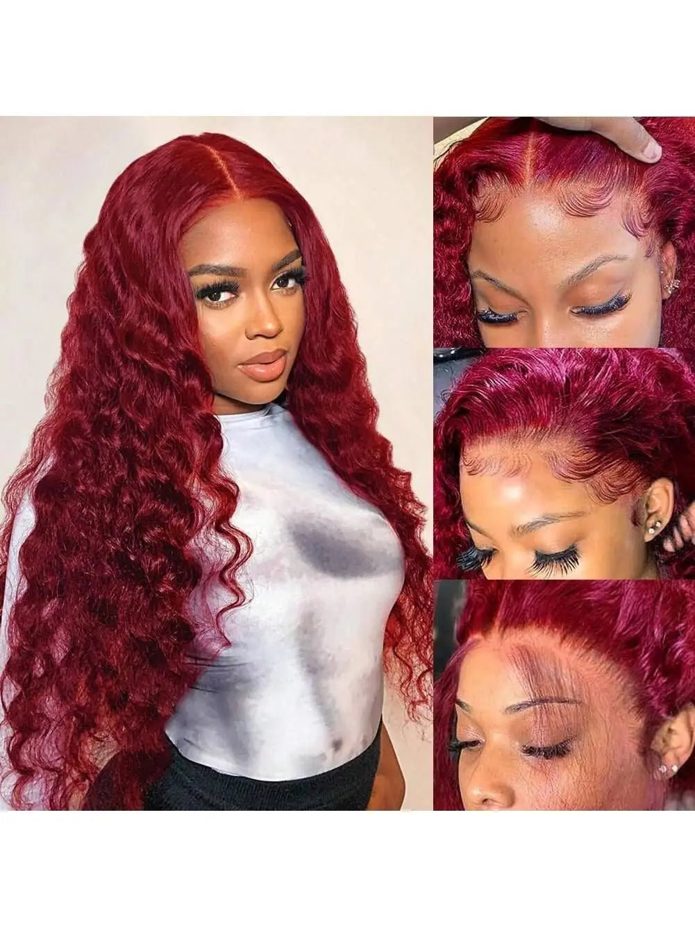 34 Inch 200% Density 99J Burgundy Wine Red 13x4 Lace Front Wigs With Natural Deep Wave, Transparent Lace And Baby Hair, Pre-Pluc