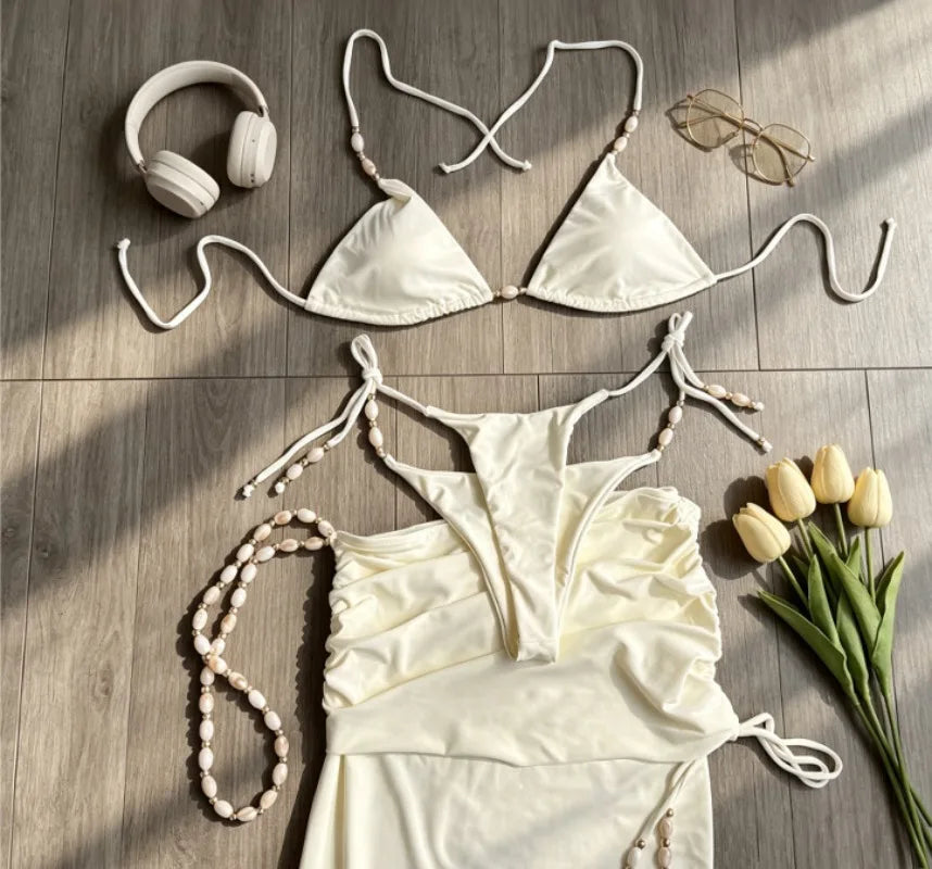 sexy beads plain bikinis sets three pieces with wrinkled long skirts swimsuits bathing suit swimwear biquini tankini trikini