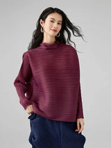 LANMREM 2026 New Maroon Pleated Women's T-shirt Casual Style Long Sleeved A-line Scarf Collar Chic Loose Pullover Tops 2DB2827