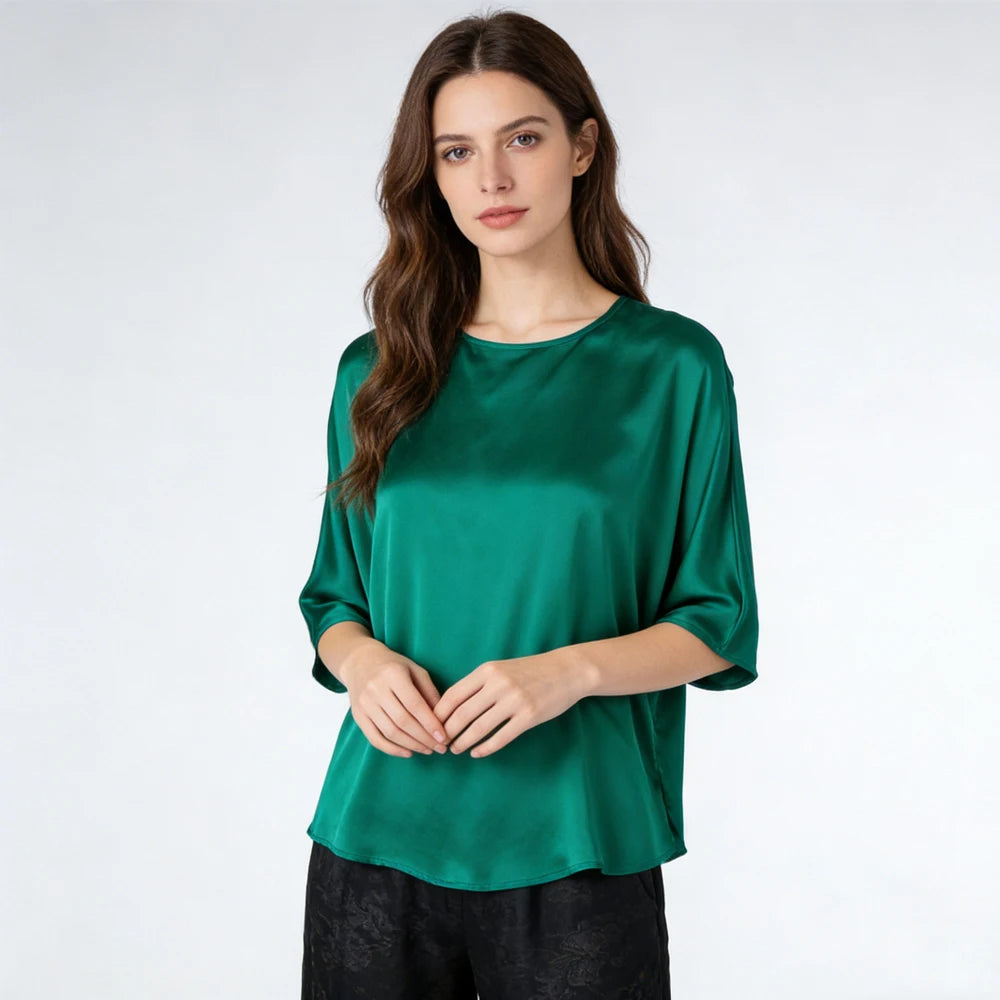 21MM 100% Natural Mulberry Silk Plain Satin Skin Friendly Round Neck Batwing Mid Sleeve Loose Simple Women's Casual T-shirt