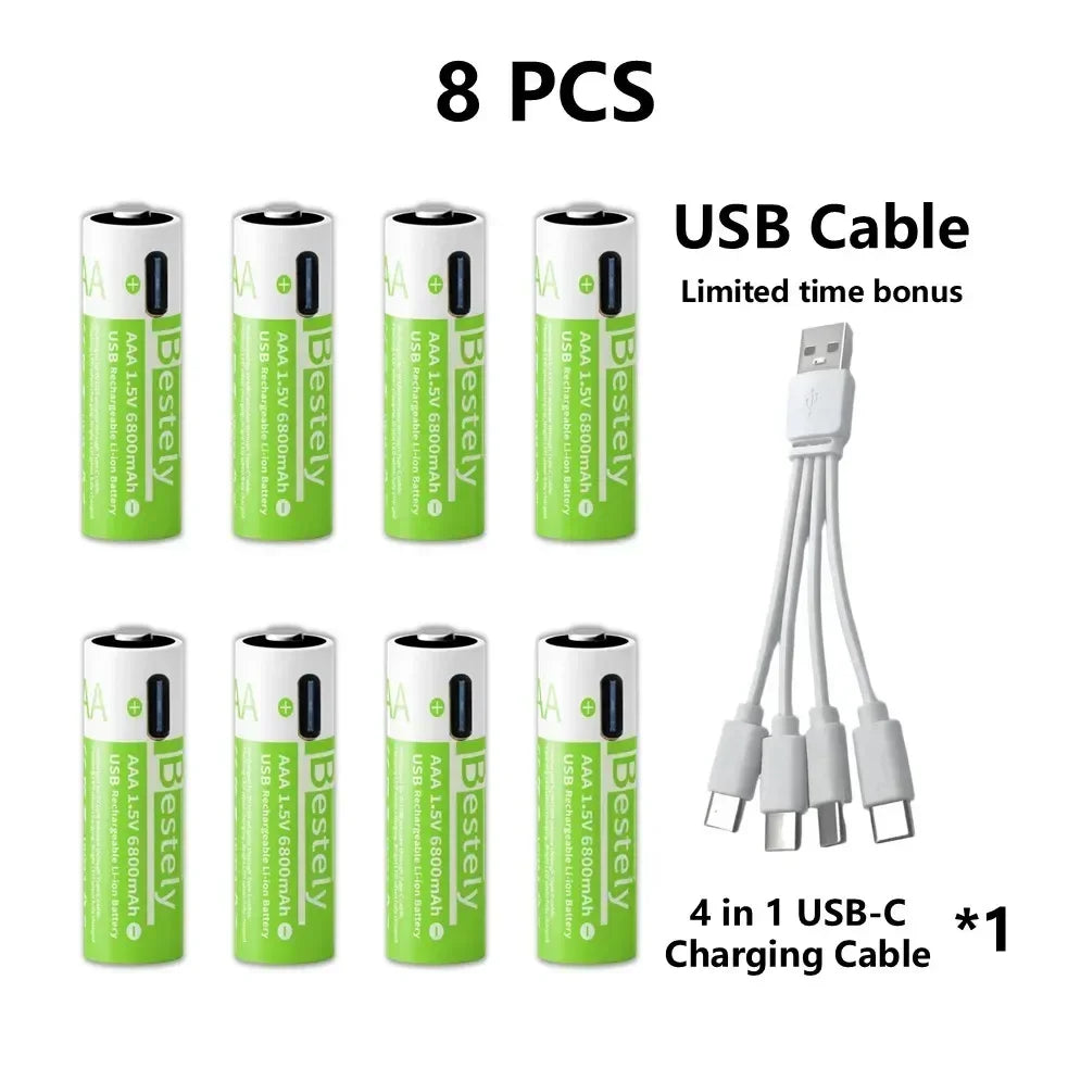 2025 Pro 1.5V AAA 6800mAh Rechargeable Battery, Type-C Fast Charging Li-ion Batteries, 2000 Cycles LED Indicator with Free Cable