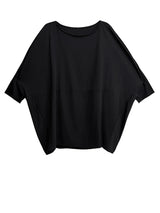 [EAM] Women Black Plain Color Big Size T-shirt New Round Neck Long Batwing Sleeve Fashion Tide Spring Autumn 2026 1DJ7248