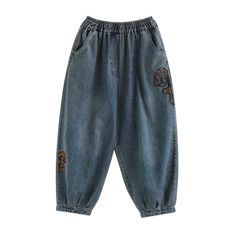 Spring Fall New Arrival Ethnic Style Embroidered Jeans Women Loose Casual Denim Harem Pants Elastic High Waist Female Trousers