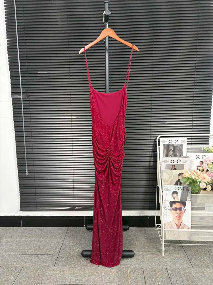 DEAT Fashion Gray Hot Drilling Spaghetti Strap Dress Women's Slim Fit Backless Folds Split Floor-length Dresses New Tide 7AB8510