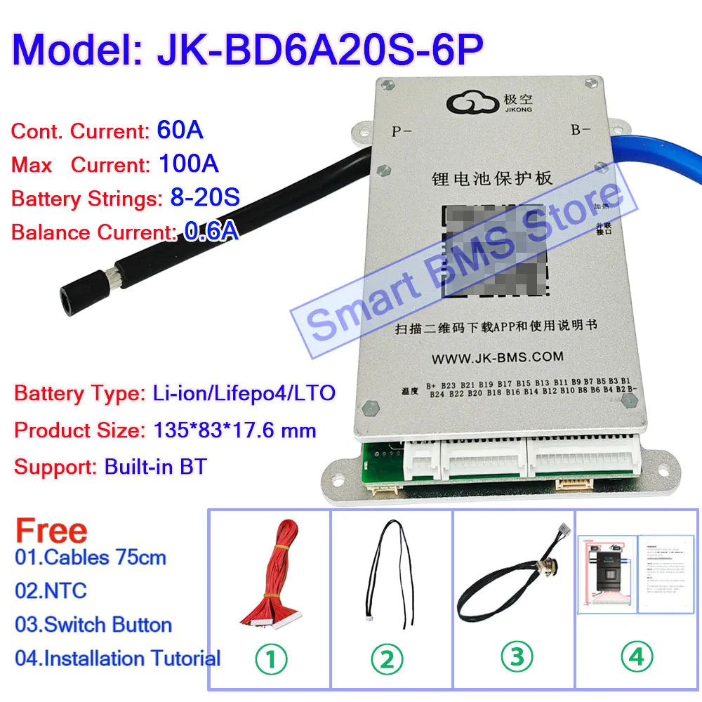 Jikong JK BMS 40A 60A 80a 200a Active Balance BD6A17S8P BD6A20S8P BD6A24S8P 8s 13s 17s 20s 24s Smart JK Bms Bt RS485 Connector