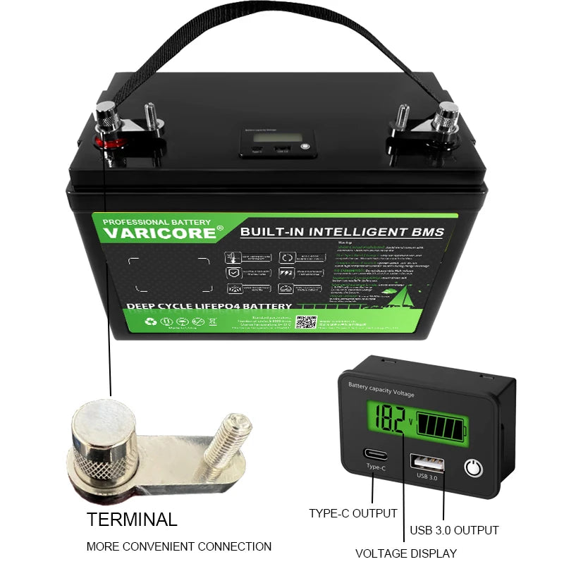 New VariCore 12.8V 180AH LCD LiFePO4 Battery Pack 12V 4Strings Lithium Batteries for Inverter Touring Car Solar 14.6V Golf Cart